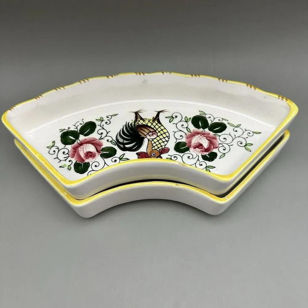 Early Provincial Rooster Lazy Susan Replacement Dishes Hand Painted Japan Set 2